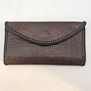 Vintage Jeun Bang Western Style Snap Embossed Floral Laced Brown Leather Wallet